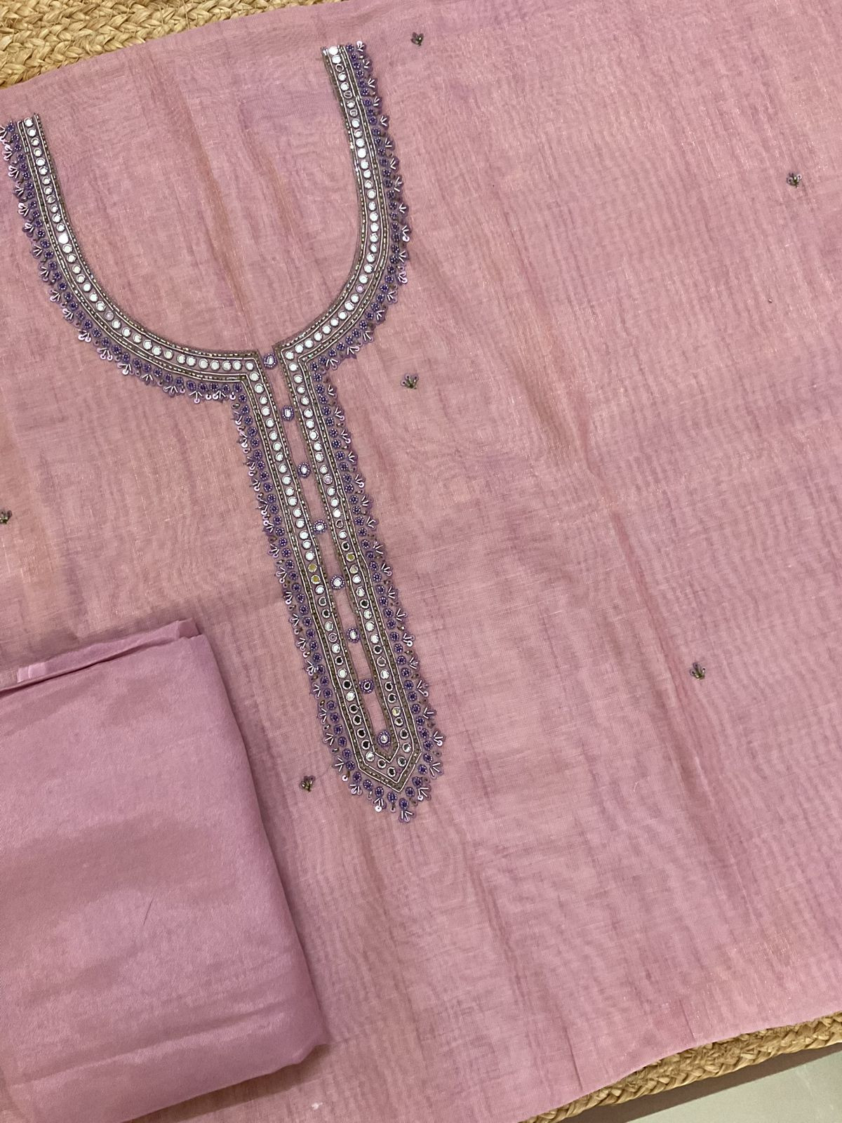 Soft Tissue Slub Cotton Printed Embroidered Suit - Lavender