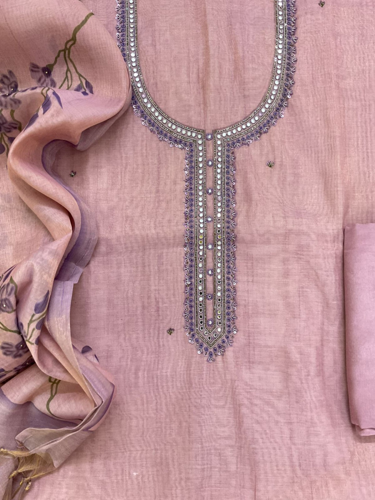 Image of Soft Tissue Slub Cotton Printed Embroidered Suit - Lavender