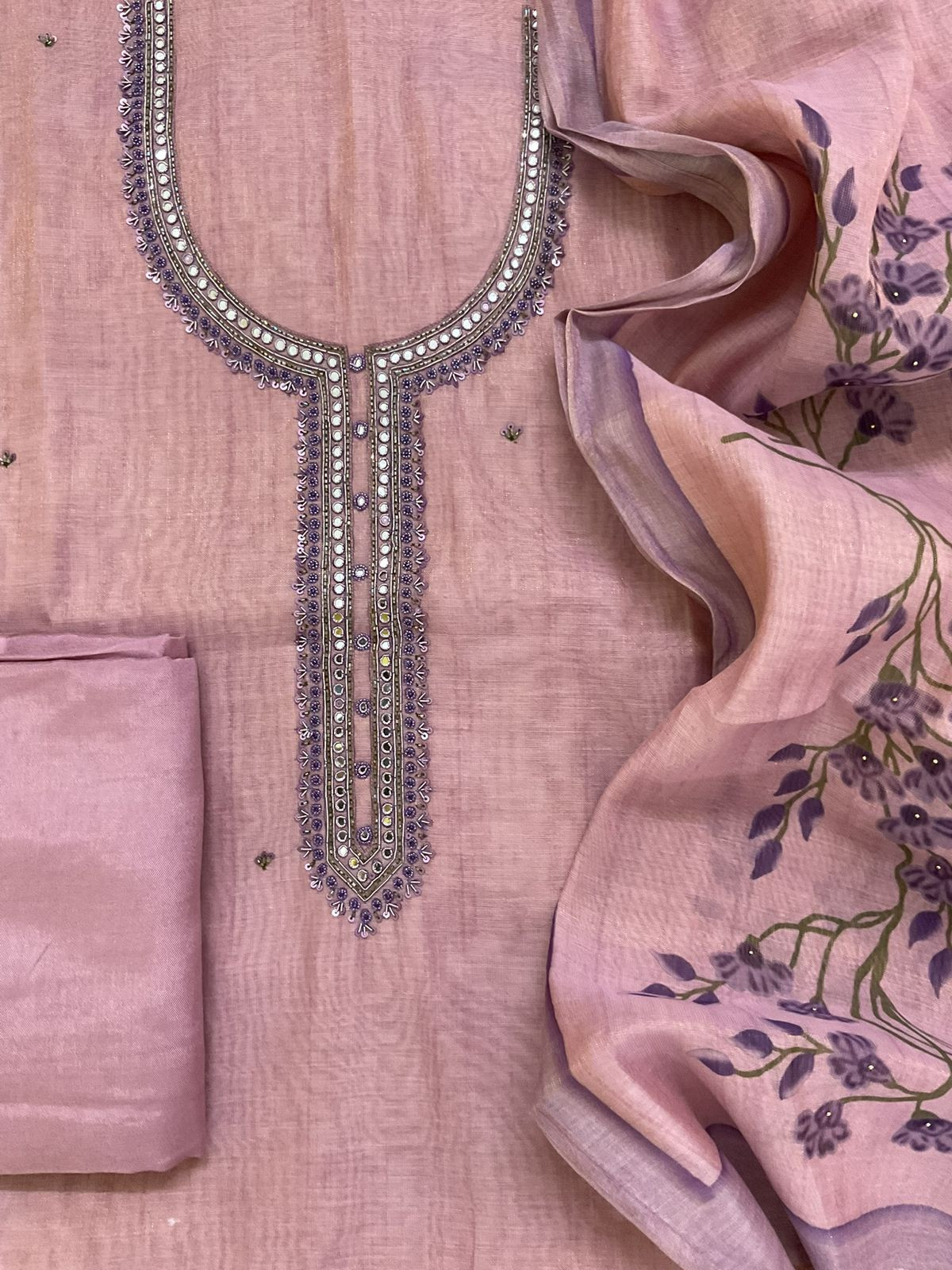 Soft Tissue Slub Cotton Printed Embroidered Suit - Lavender