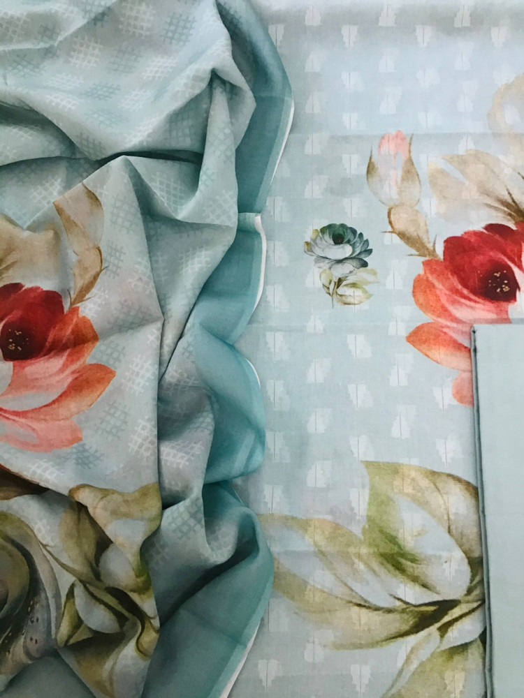 Image of Pure Cotton Printed Self Weaved Suit - Blue