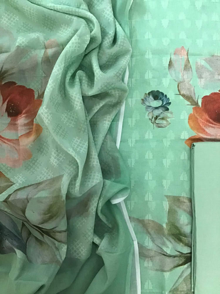 Image of Pure Cotton Printed Self Weaved Suit - Green