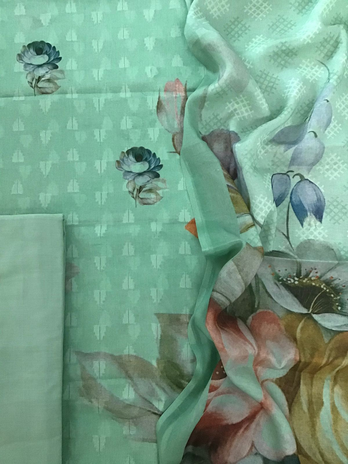 Pure Cotton Printed Self Weaved Suit - Green