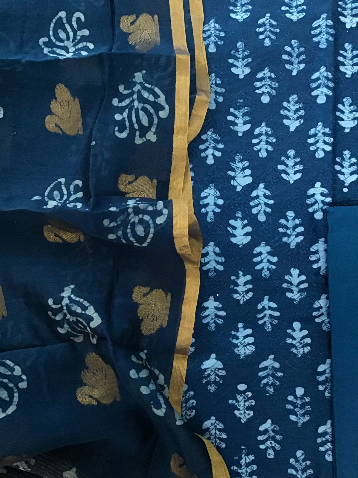 Pure Maheshwari Silk Batik Printed Banarasi Weaved Embroidered Suit - Blue