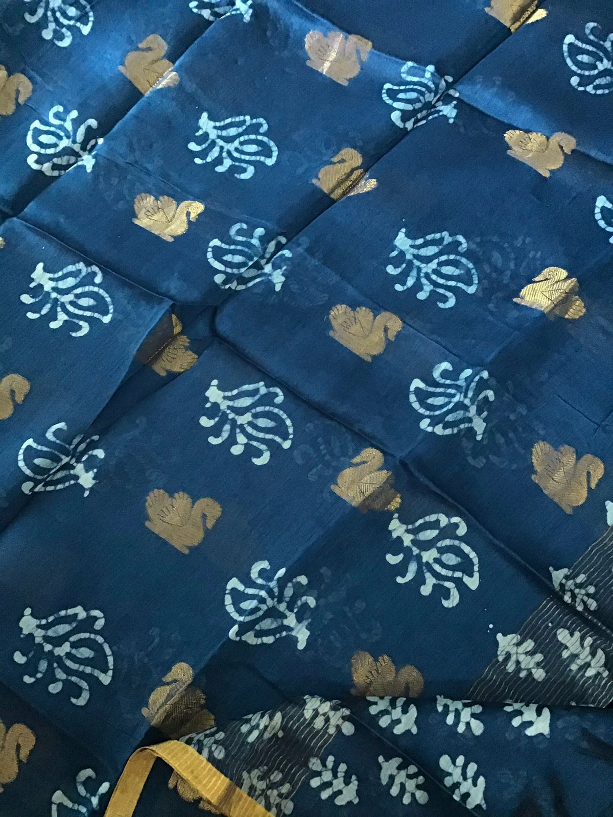 Pure Maheshwari Silk Batik Printed Banarasi Weaved Embroidered Suit - Blue