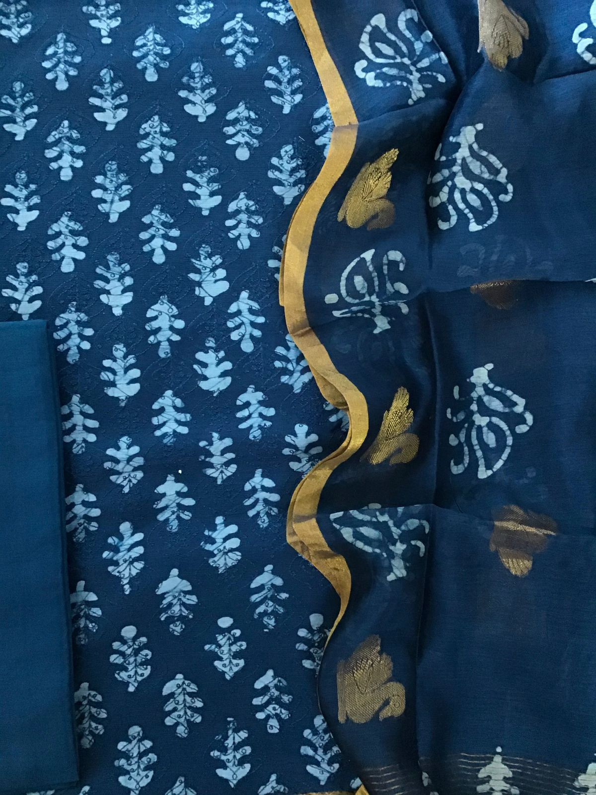Pure Maheshwari Silk Batik Printed Banarasi Weaved Embroidered Suit - Blue
