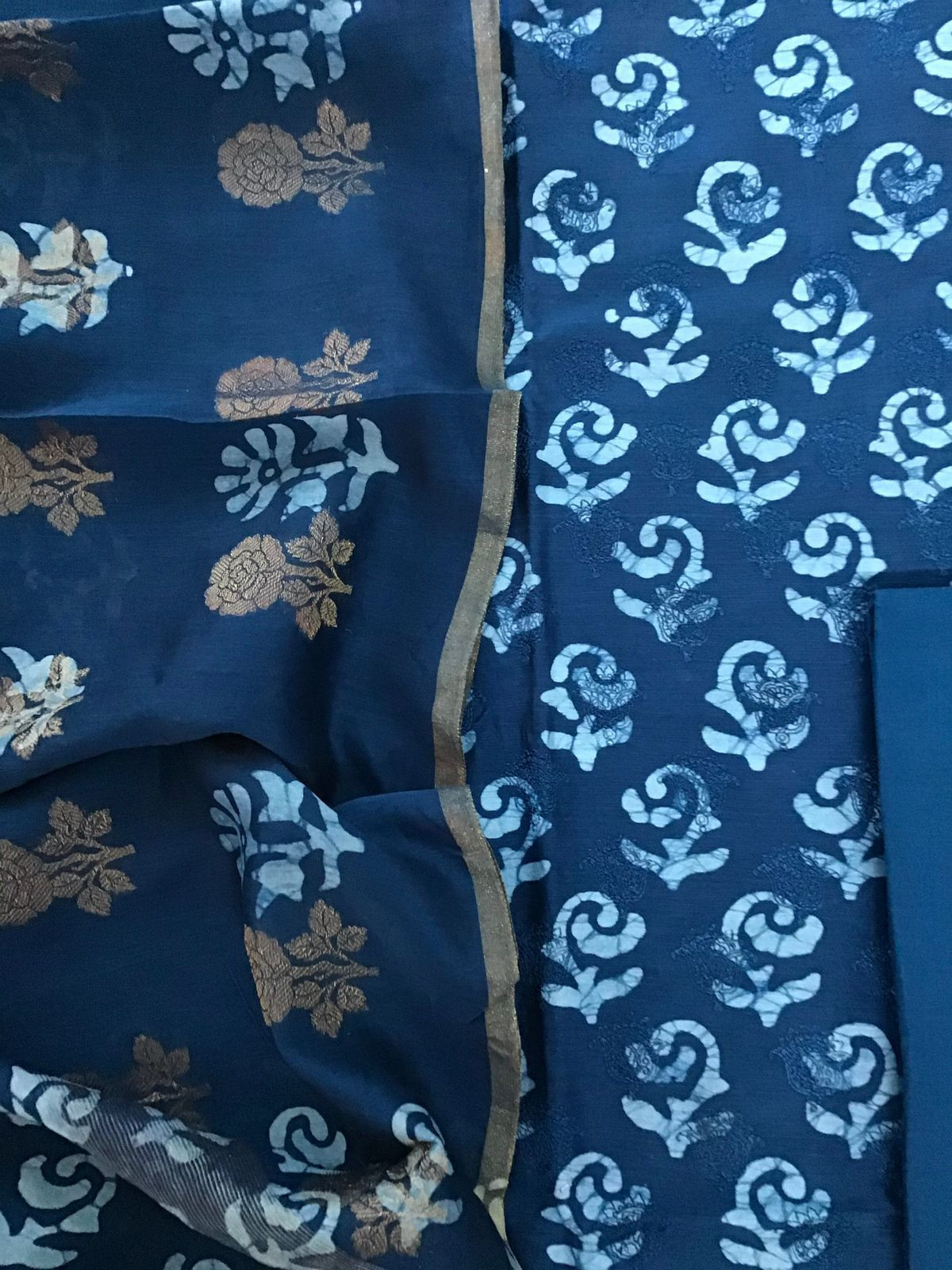 Pure Maheshwari Silk Batik Printed Banarasi Weaved Embroidered Suit - Blue