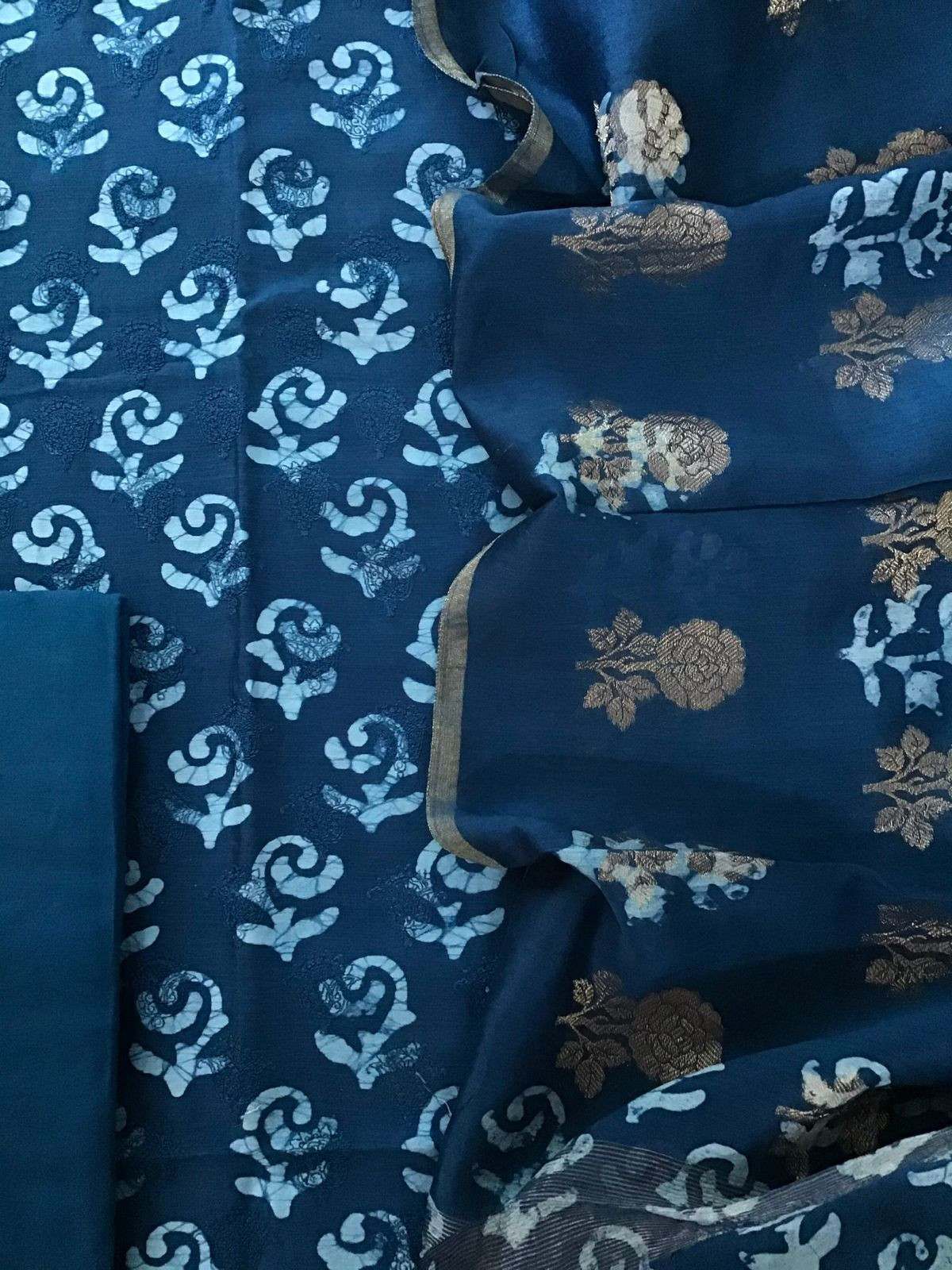Pure Maheshwari Silk Batik Printed Banarasi Weaved Embroidered Suit - Blue