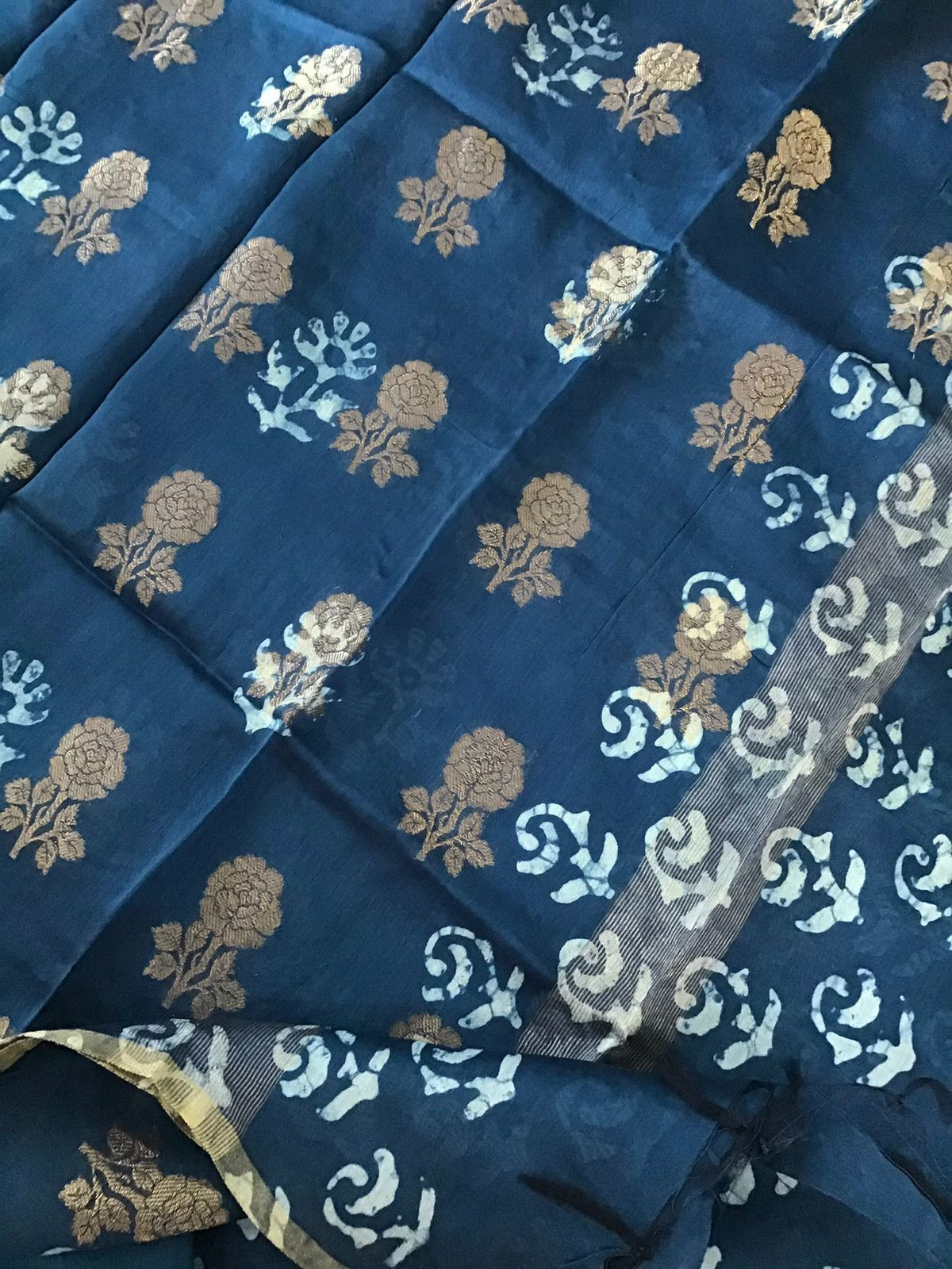 Pure Maheshwari Silk Batik Printed Banarasi Weaved Embroidered Suit - Blue