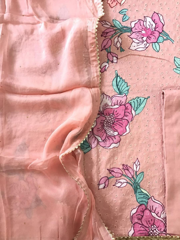 Image of Pure Cotton Printed Embroidered Suit - Peach