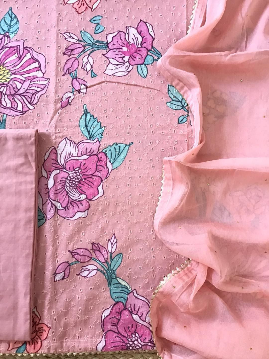 Pure Cotton Printed Embroidered Suit - Peach