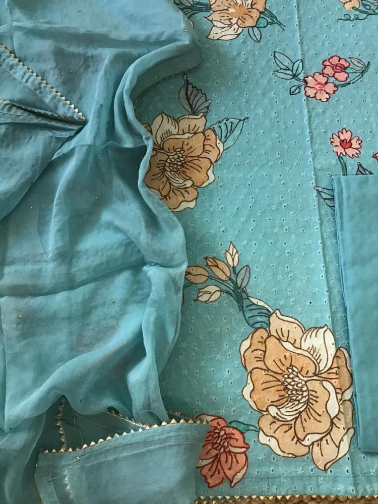 Image of Pure Cotton Printed Embroidered Suit - Blue