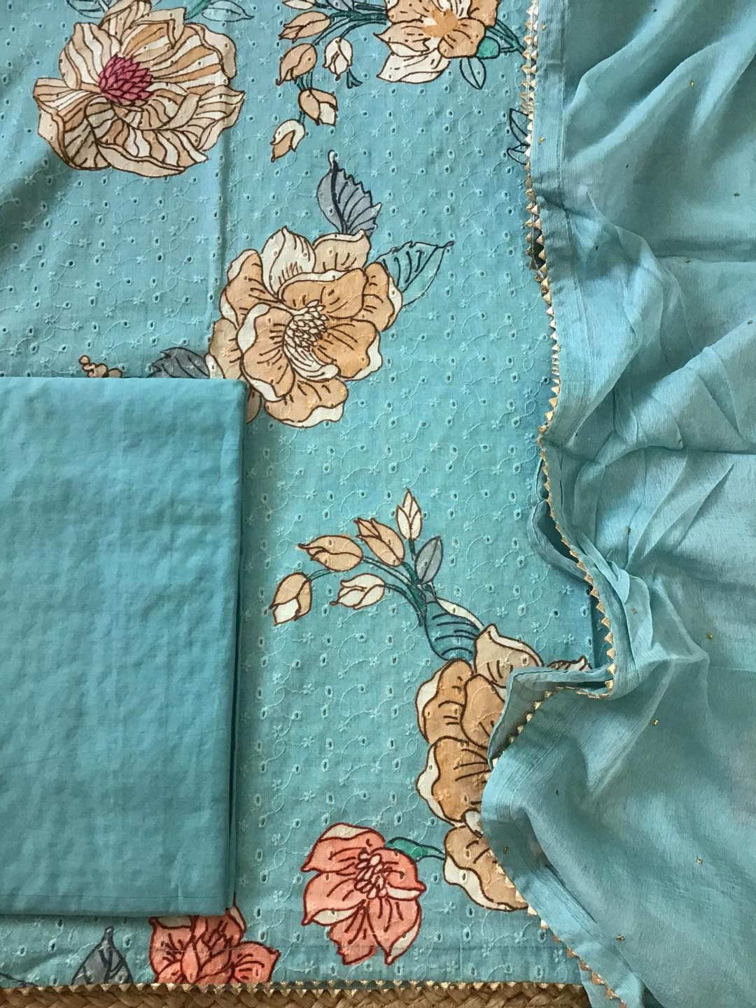 Pure Cotton Printed Embroidered Suit - Blue