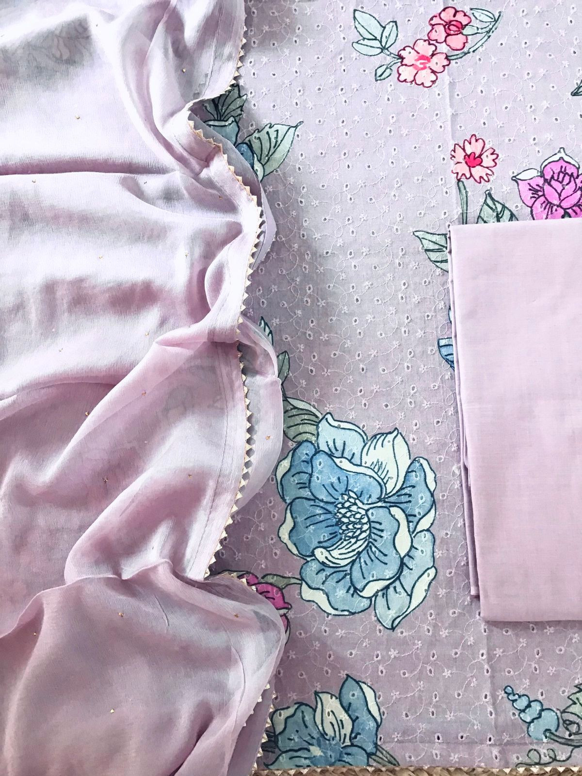 Pure Cotton Printed Embroidered Suit - Lavender