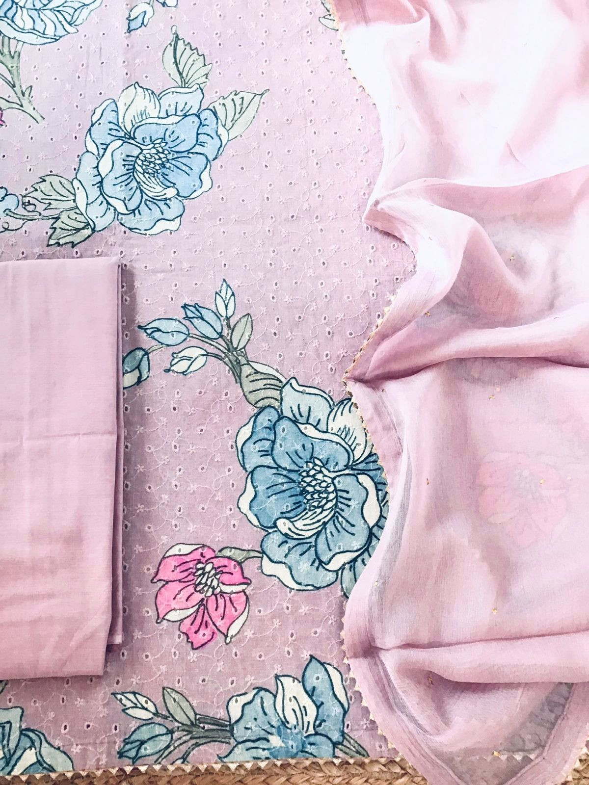 Pure Cotton Printed Embroidered Suit - Lavender