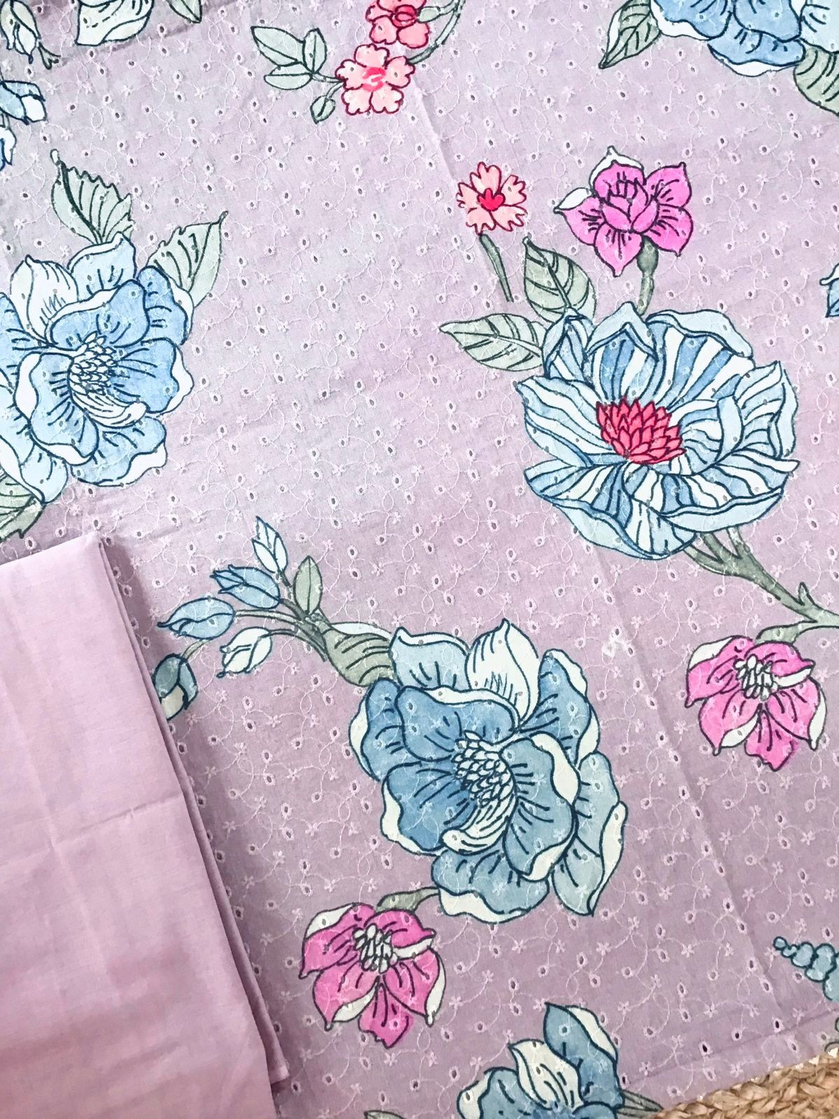 Pure Cotton Printed Embroidered Suit - Lavender