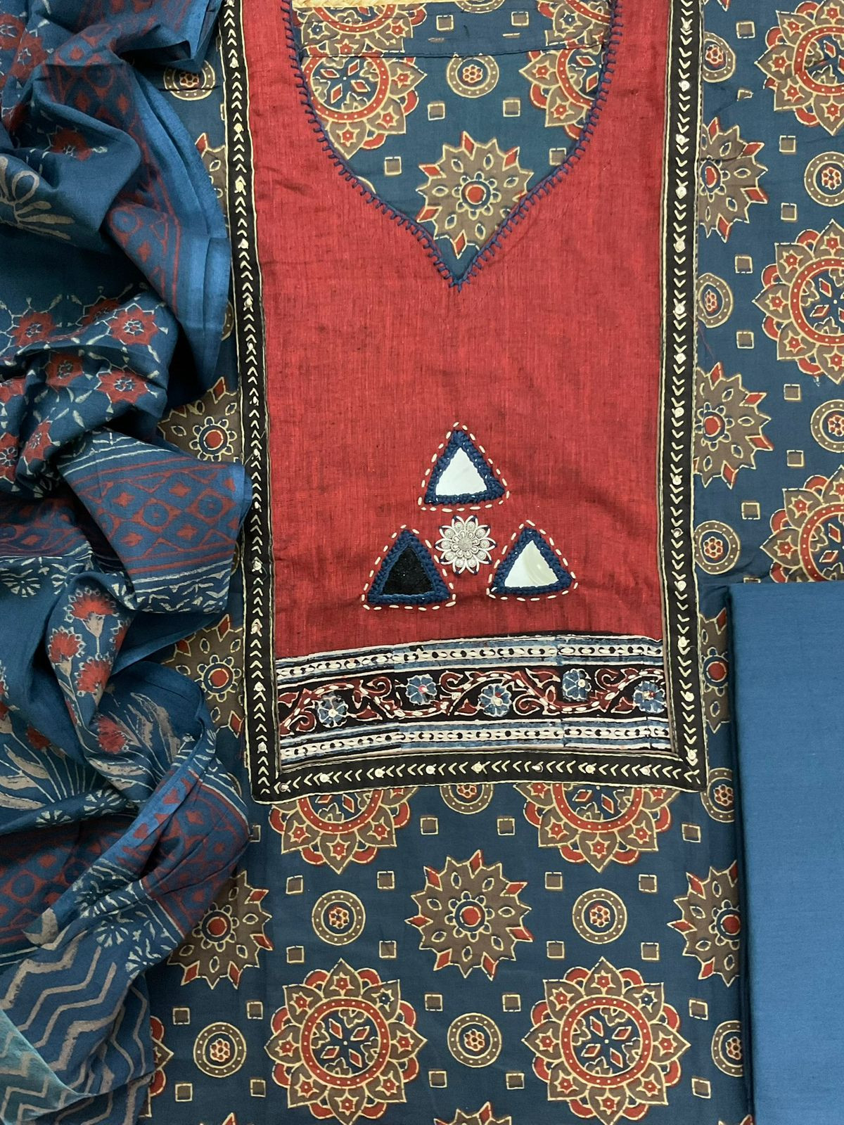 Pure Cotton Printed Embroidered Suit - Blue