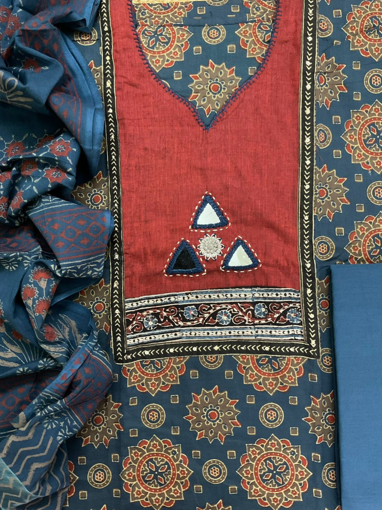 Image of Pure Cotton Printed Embroidered Suit - Blue