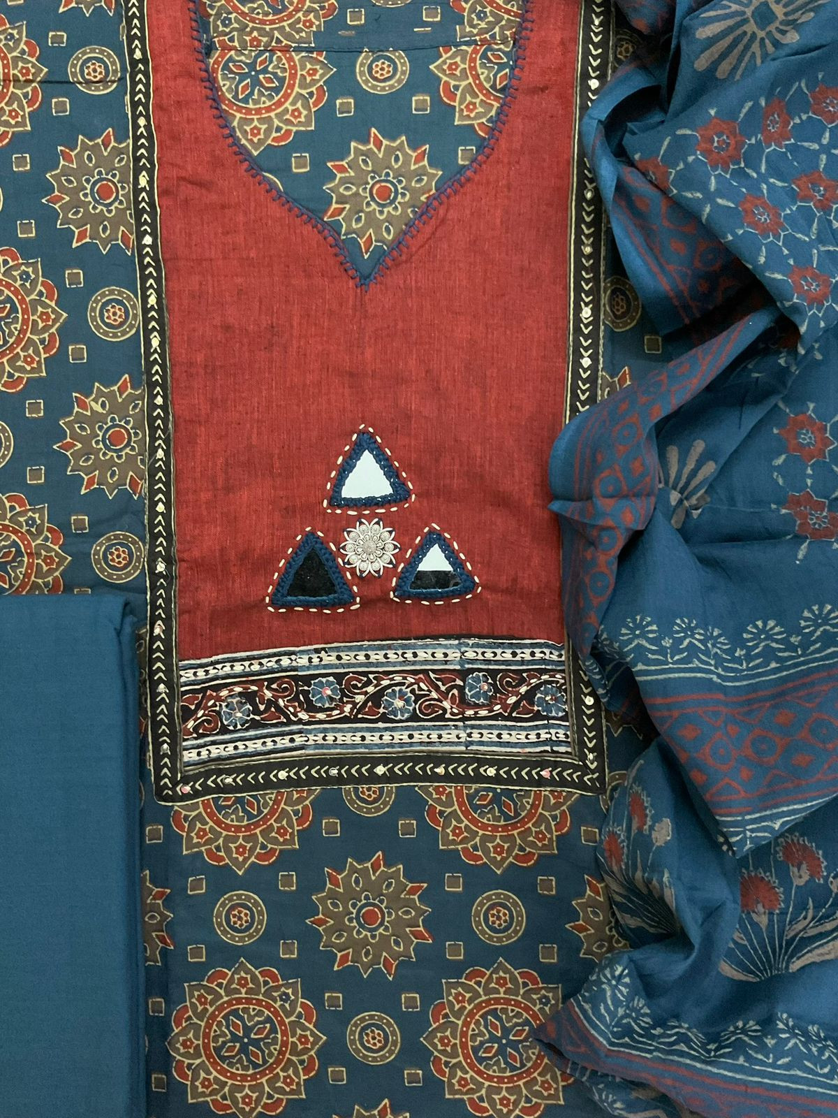 Pure Cotton Printed Embroidered Suit - Blue