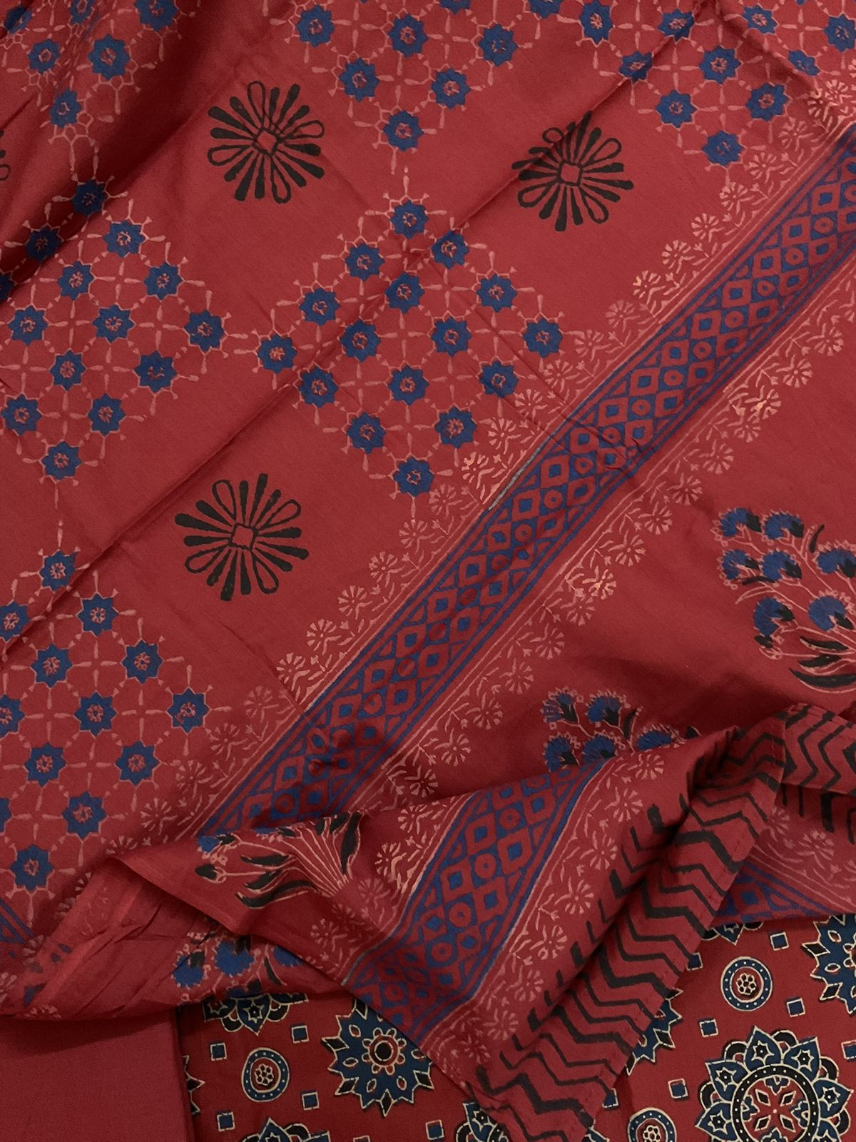 Pure Cotton Printed Embroidered Suit - Brick Red