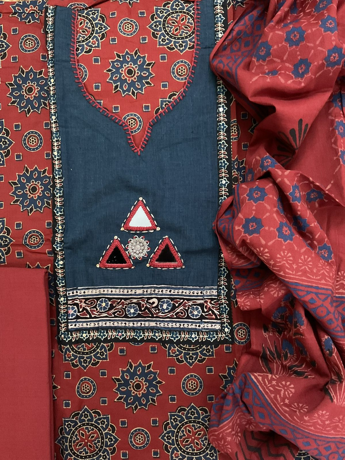 Pure Cotton Printed Embroidered Suit - Brick Red