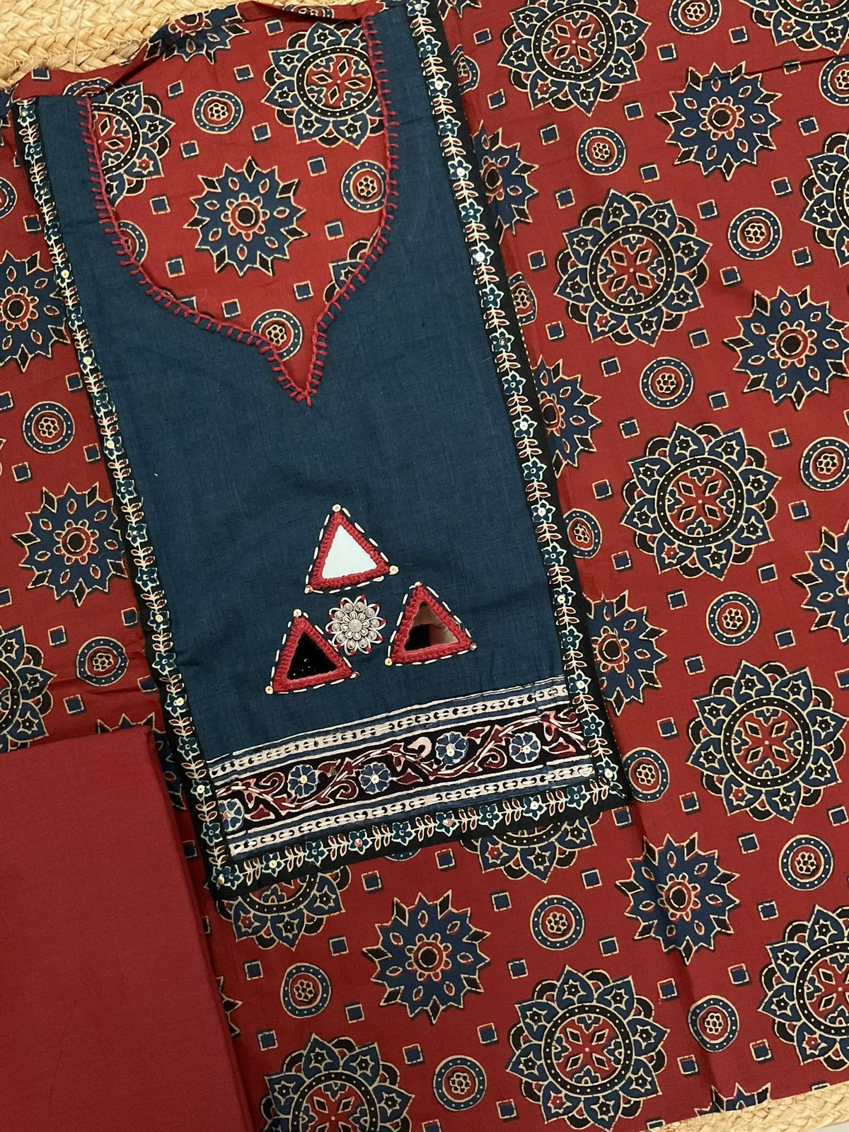 Pure Cotton Printed Embroidered Suit - Brick Red