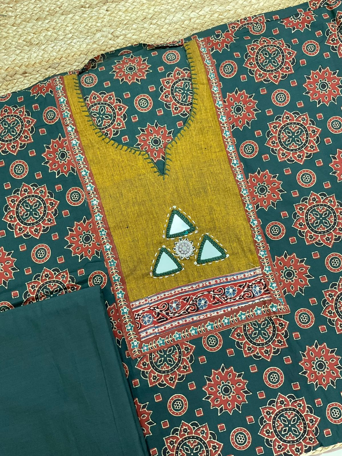 Pure Cotton Printed Embroidered Suit - Green