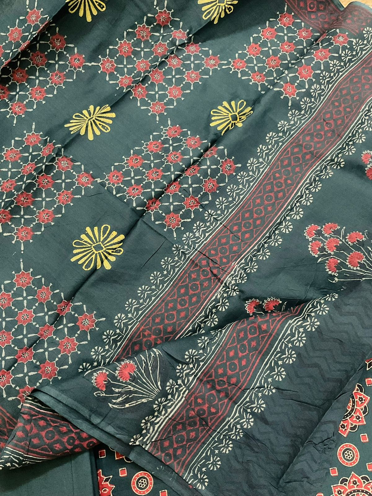 Pure Cotton Printed Embroidered Suit - Green
