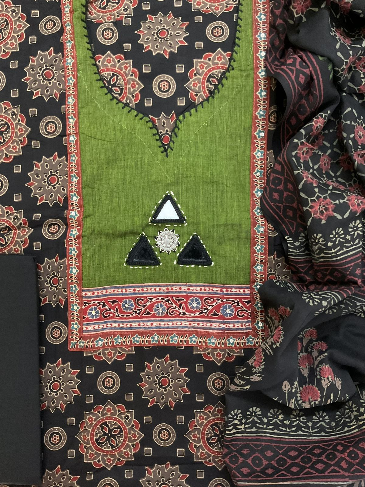 Pure Cotton Printed Embroidered Suit - Black