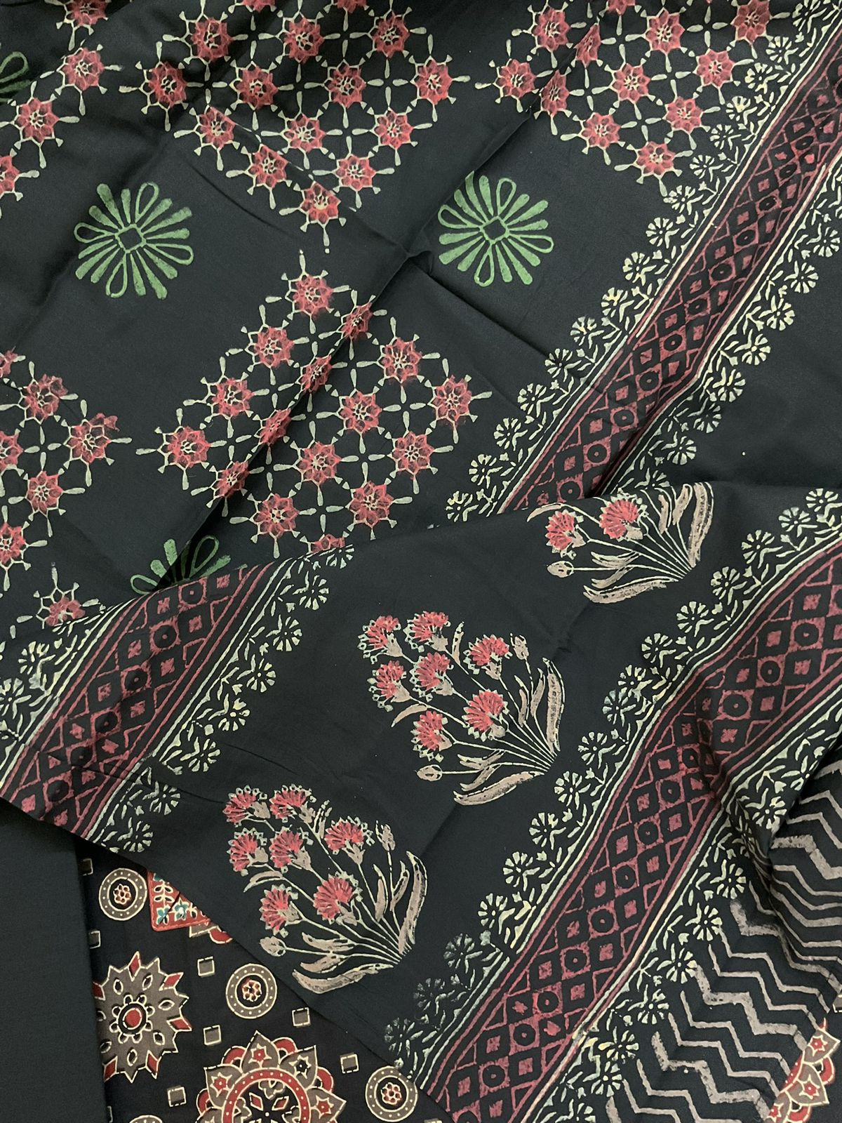 Pure Cotton Printed Embroidered Suit - Black