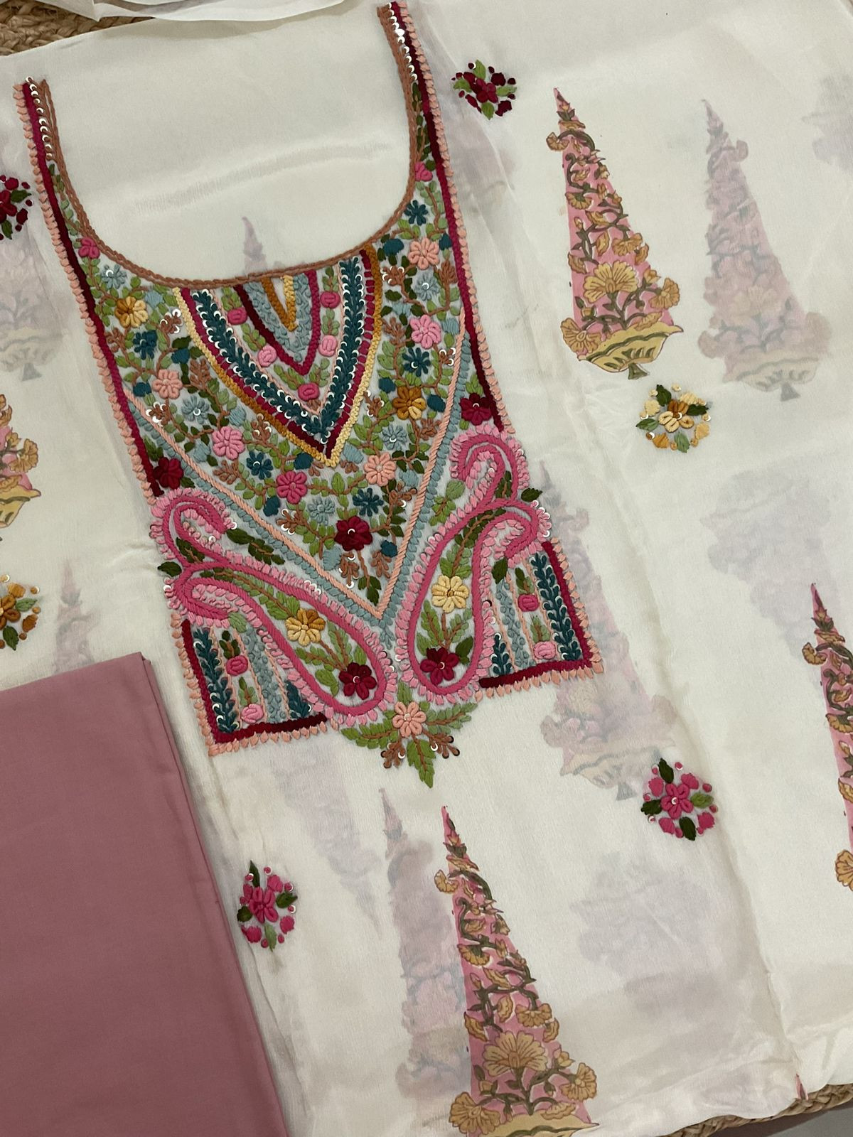 Pure Chinnon Silk Block Printed Embroidered Suit - Cream