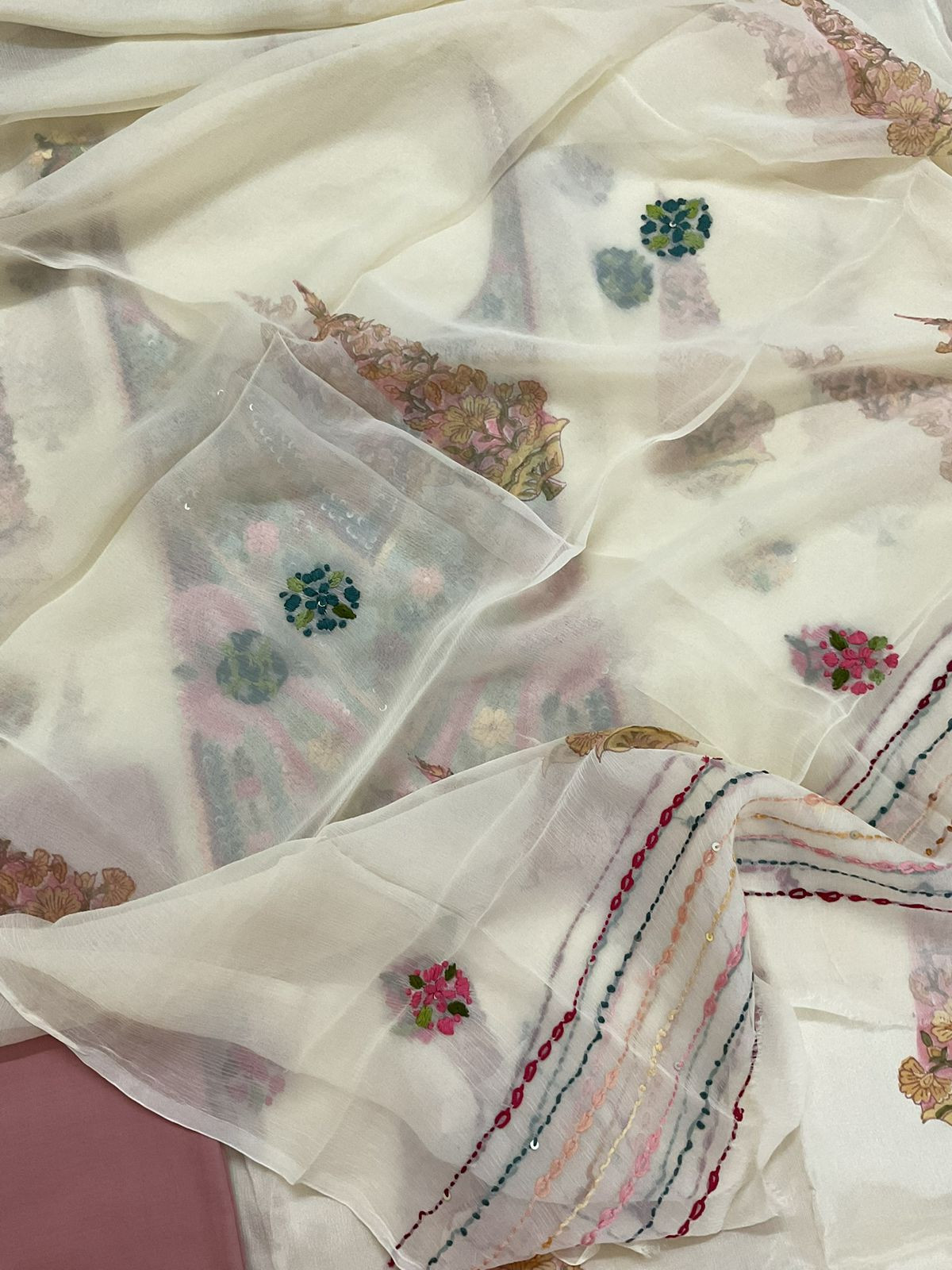 Pure Chinnon Silk Block Printed Embroidered Suit - Cream