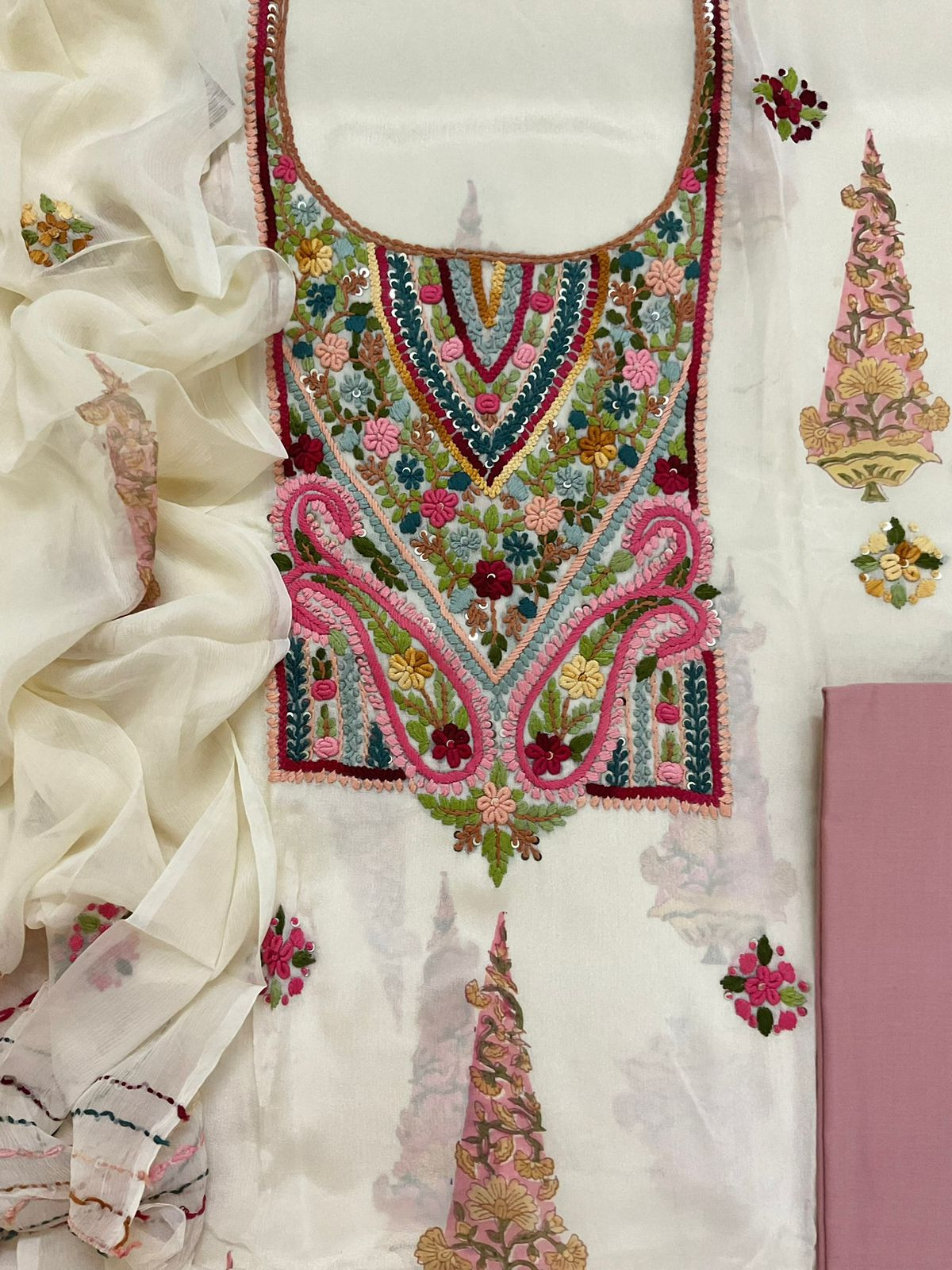 Pure Chinnon Silk Block Printed Embroidered Suit - Cream