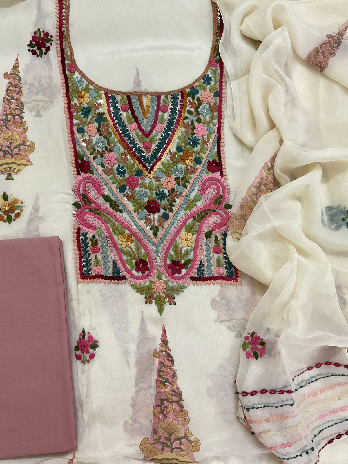 Pure Chinnon Silk Block Printed Embroidered Suit - Cream