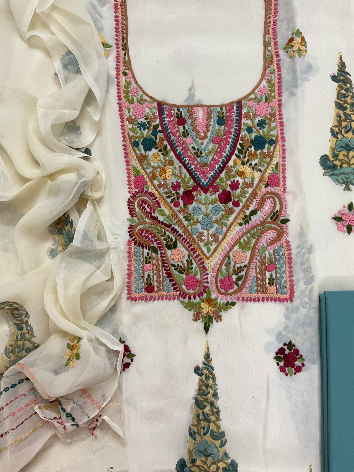 Pure Chinnon Silk Block Printed Embroidered Suit - Cream