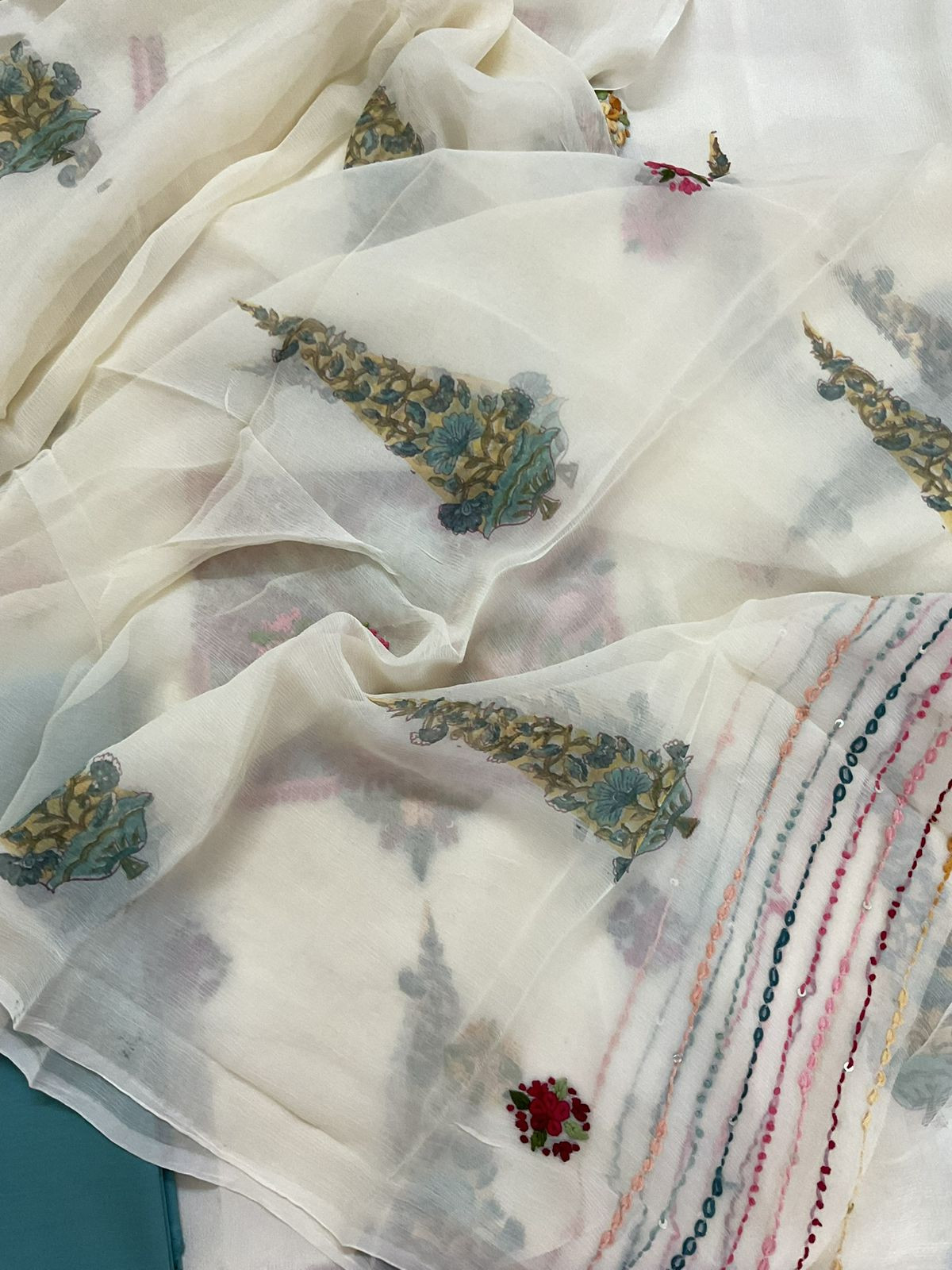 Pure Chinnon Silk Block Printed Embroidered Suit - Cream