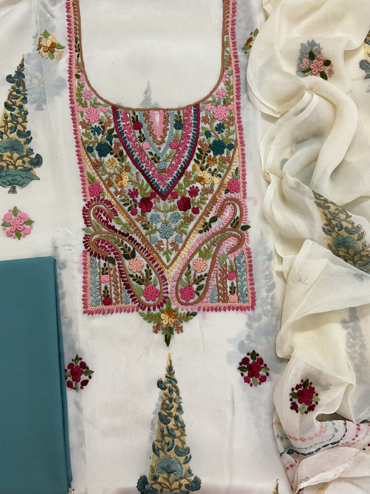 Pure Chinnon Silk Block Printed Embroidered Suit - Cream