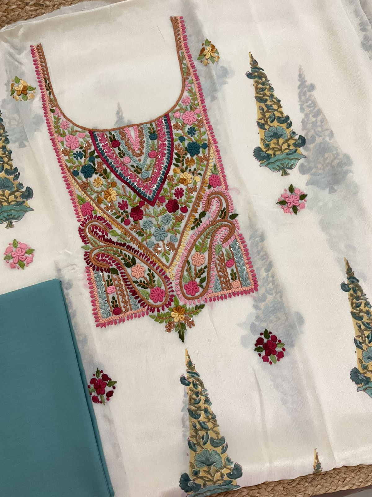 Pure Chinnon Silk Block Printed Embroidered Suit - Cream