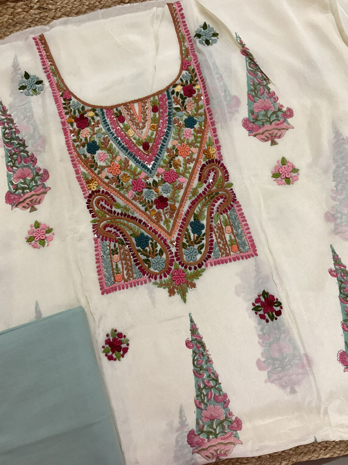 Pure Chinnon Silk Block Printed Embroidered Suit - Cream