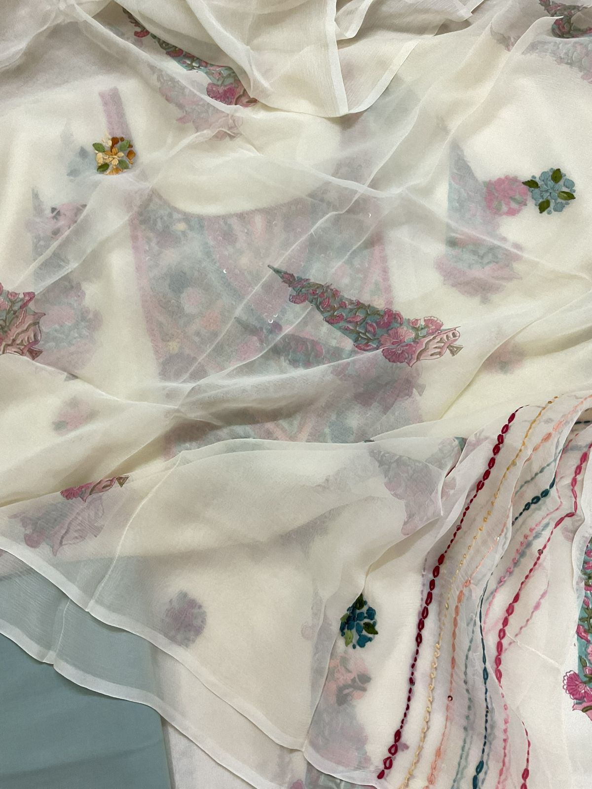 Pure Chinnon Silk Block Printed Embroidered Suit - Cream
