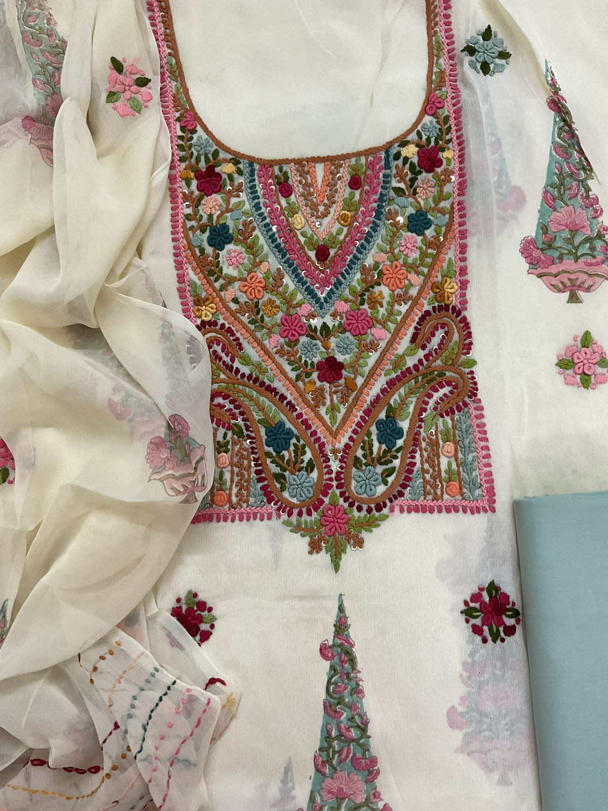 Pure Chinnon Silk Block Printed Embroidered Suit - Cream