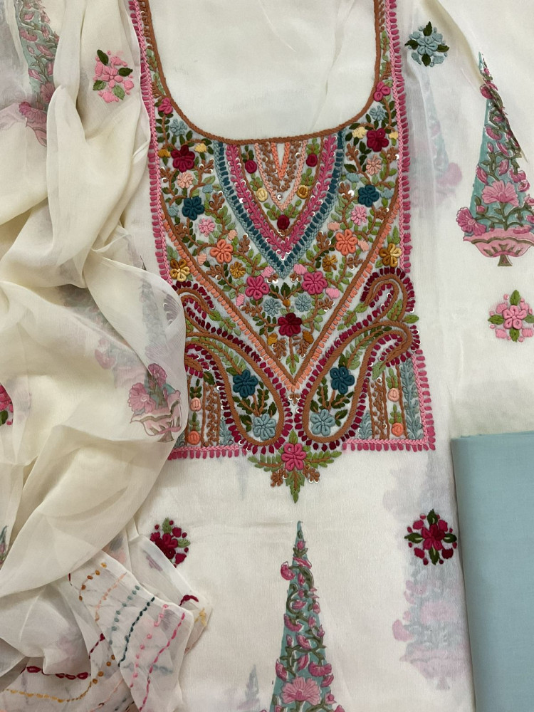 Image of Pure Chinnon Silk Block Printed Embroidered Suit - Cream