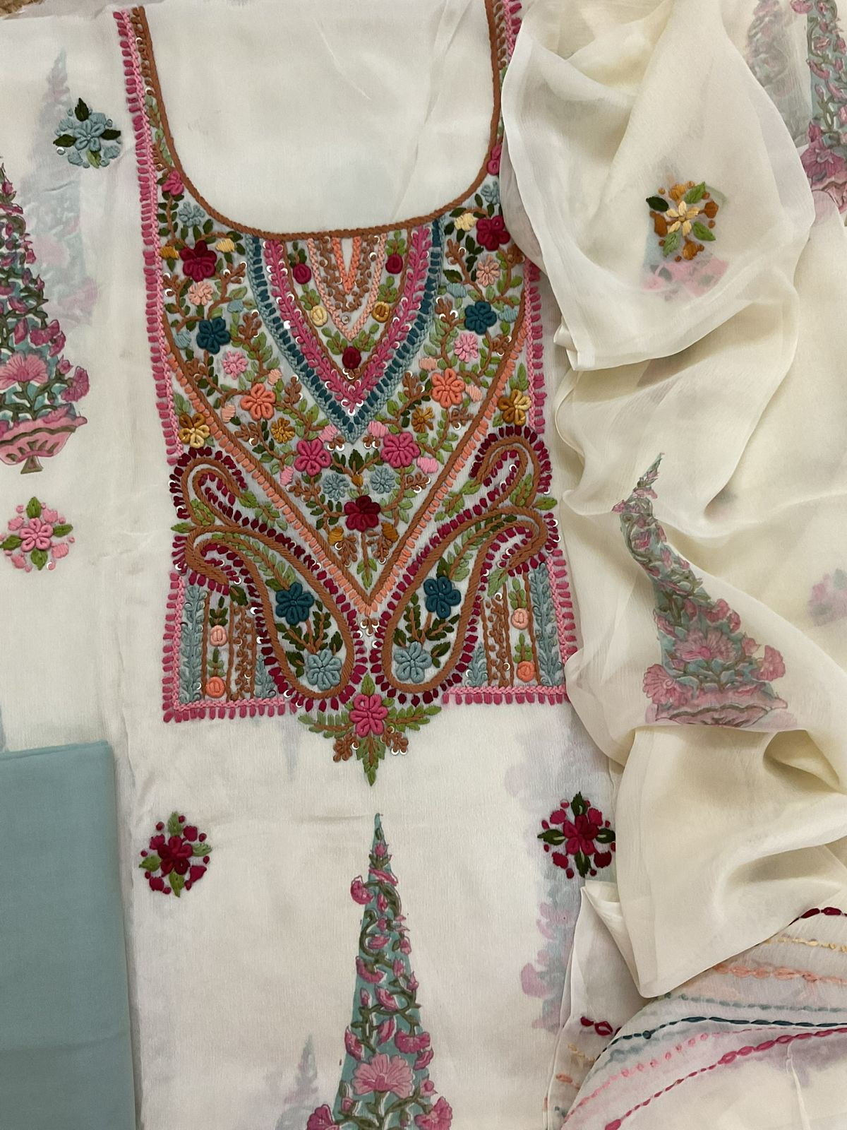 Pure Chinnon Silk Block Printed Embroidered Suit - Cream