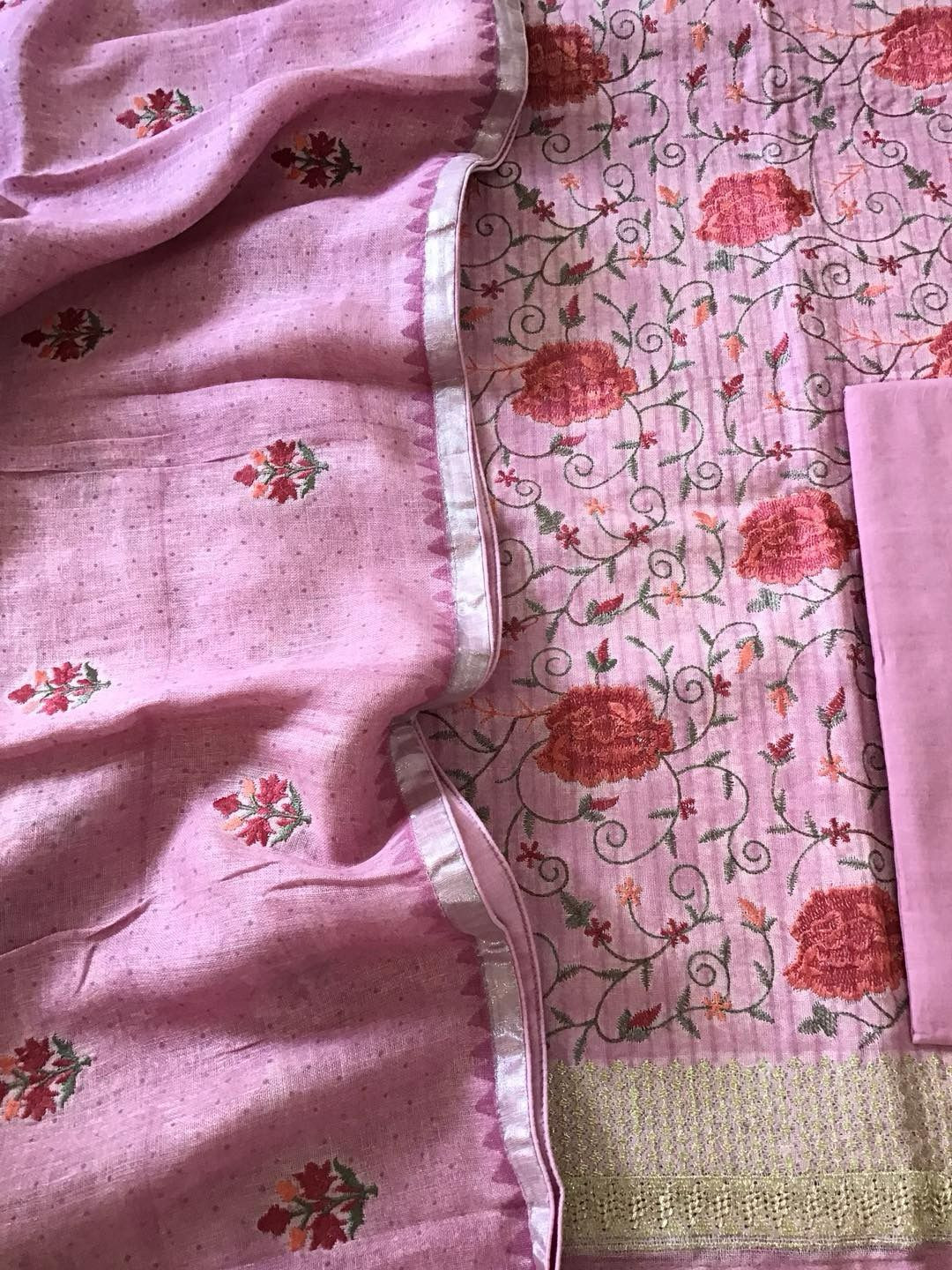 Pure Linen Jute Cotton Printed Embroidered Suit - Pink