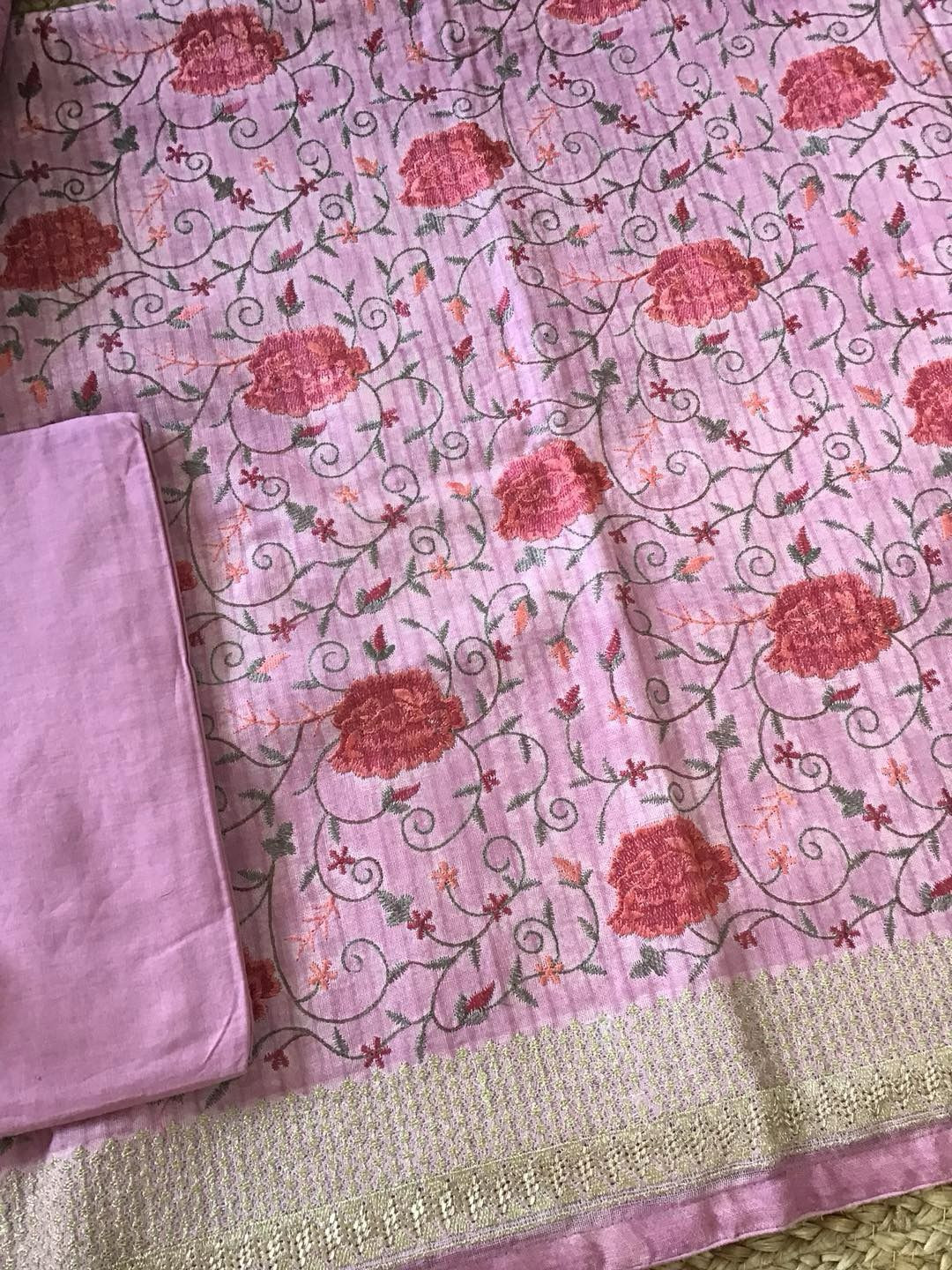 Pure Linen Jute Cotton Printed Embroidered Suit - Pink