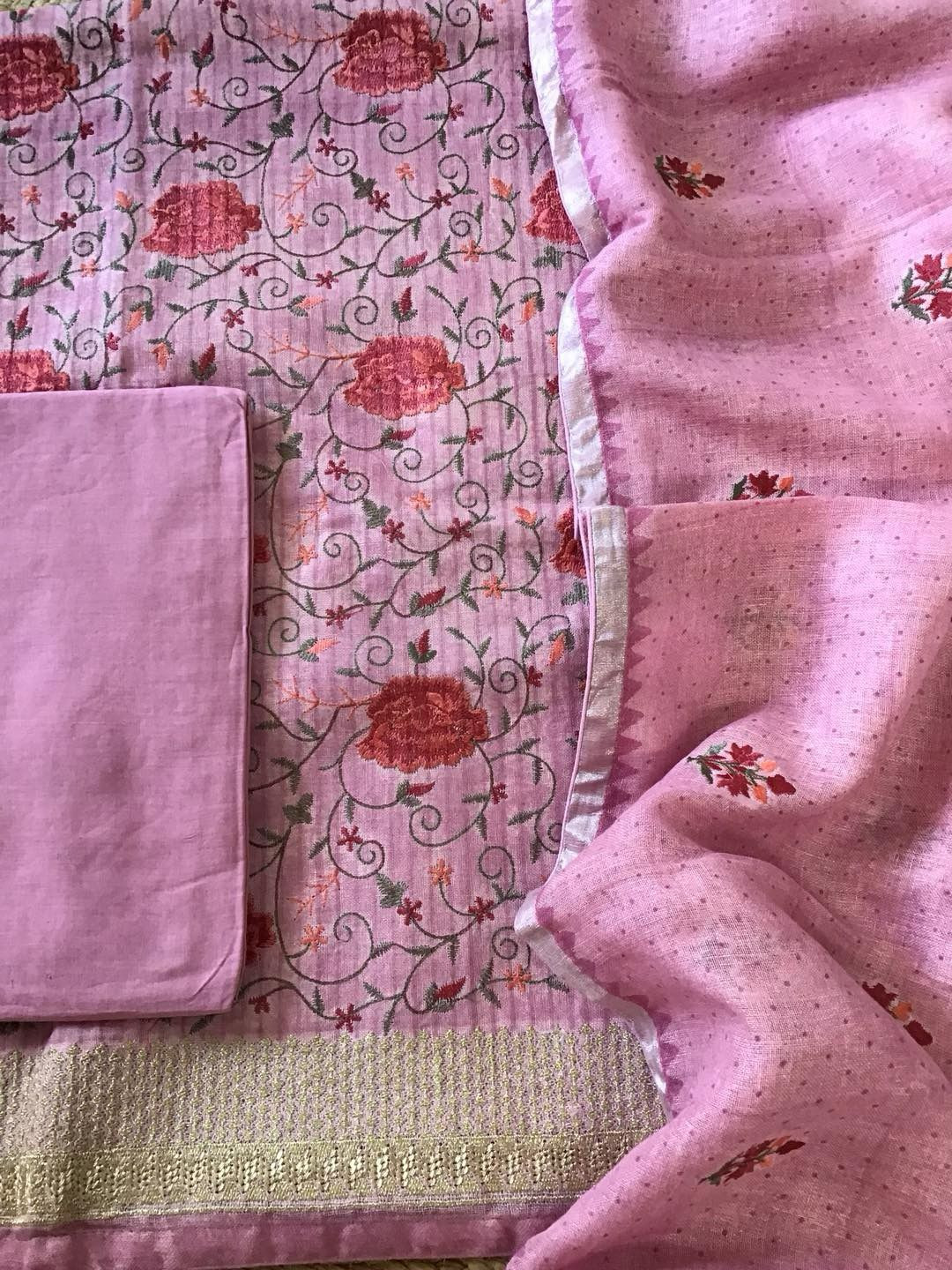 Pure Linen Jute Cotton Printed Embroidered Suit - Pink