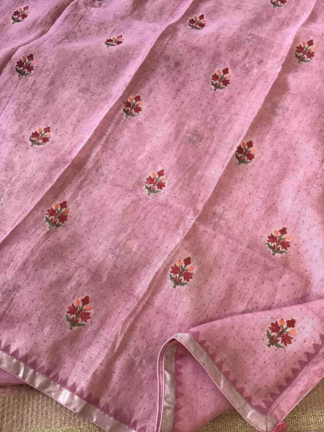 Pure Linen Jute Cotton Printed Embroidered Suit - Pink