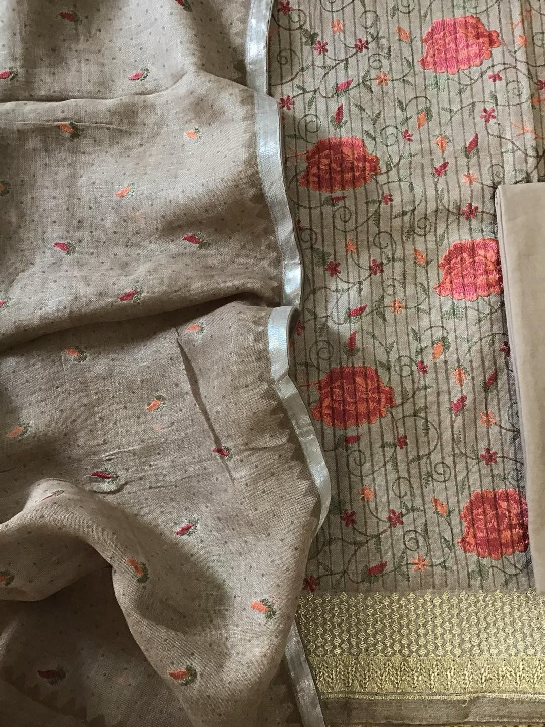 Pure Linen Jute Cotton Printed Embroidered Suit - Brown