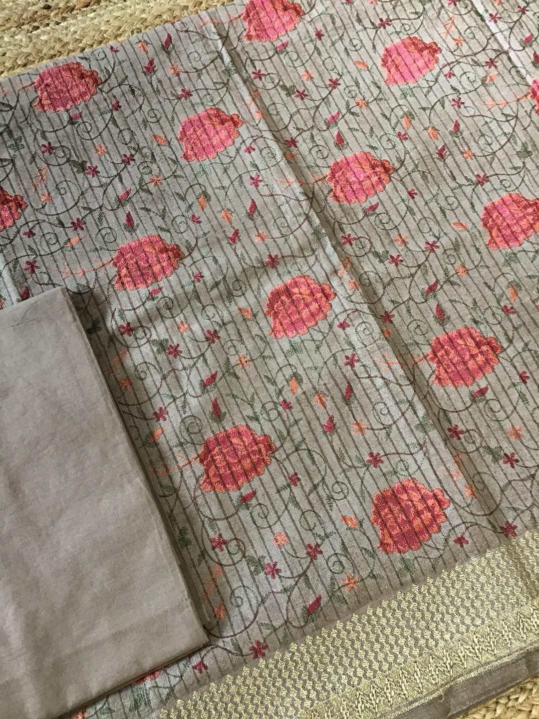 Pure Linen Jute Cotton Printed Embroidered Suit - Brown