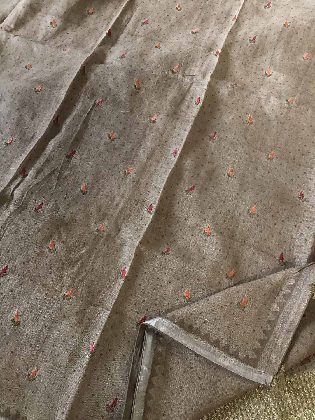 Pure Linen Jute Cotton Printed Embroidered Suit - Brown