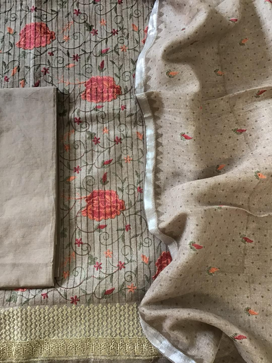 Pure Linen Jute Cotton Printed Embroidered Suit - Brown